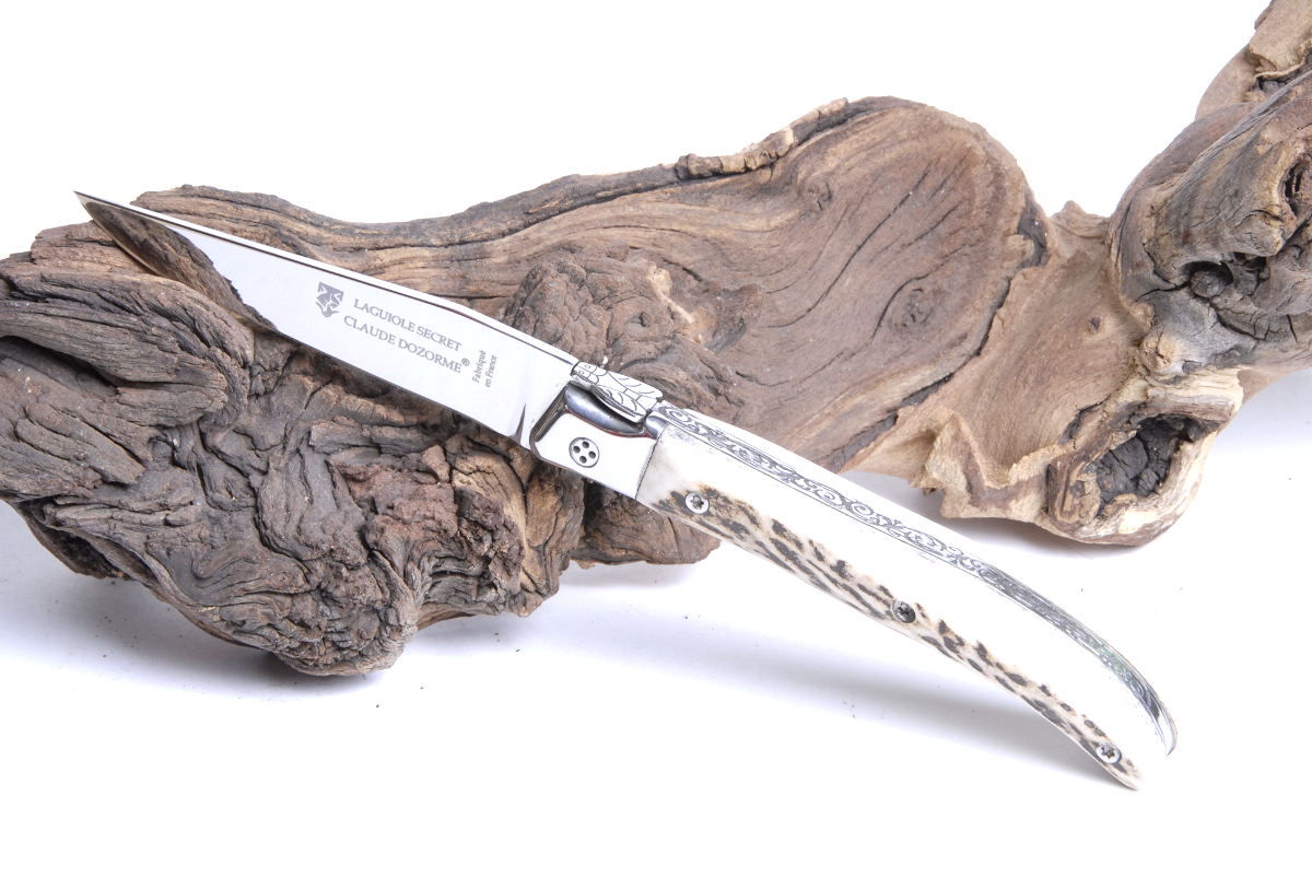 Original laguiole - Taschenmesser Laguiole Claude Dozorme, Drop9-System, Hirsch-Horn, Guillochierte Platine