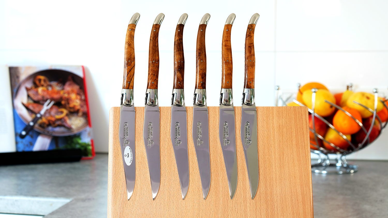 Laguiole en Aubrac 6-teilig, Steakmesser Set, Teakholz, brillant