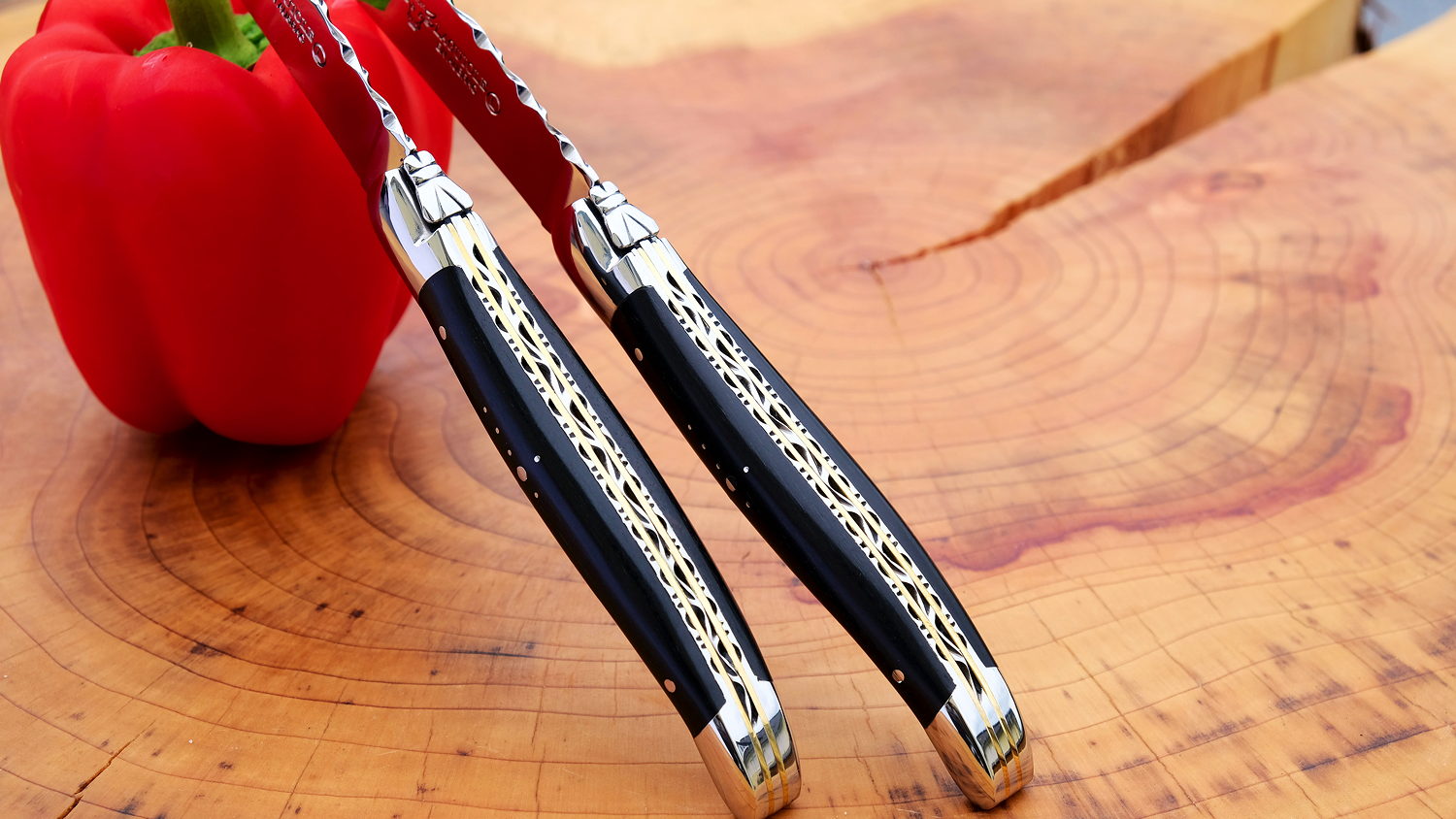 Laguiole en Aubrac 2-teilig, Steakmesser Set Ebenholz, brillant, double Platines