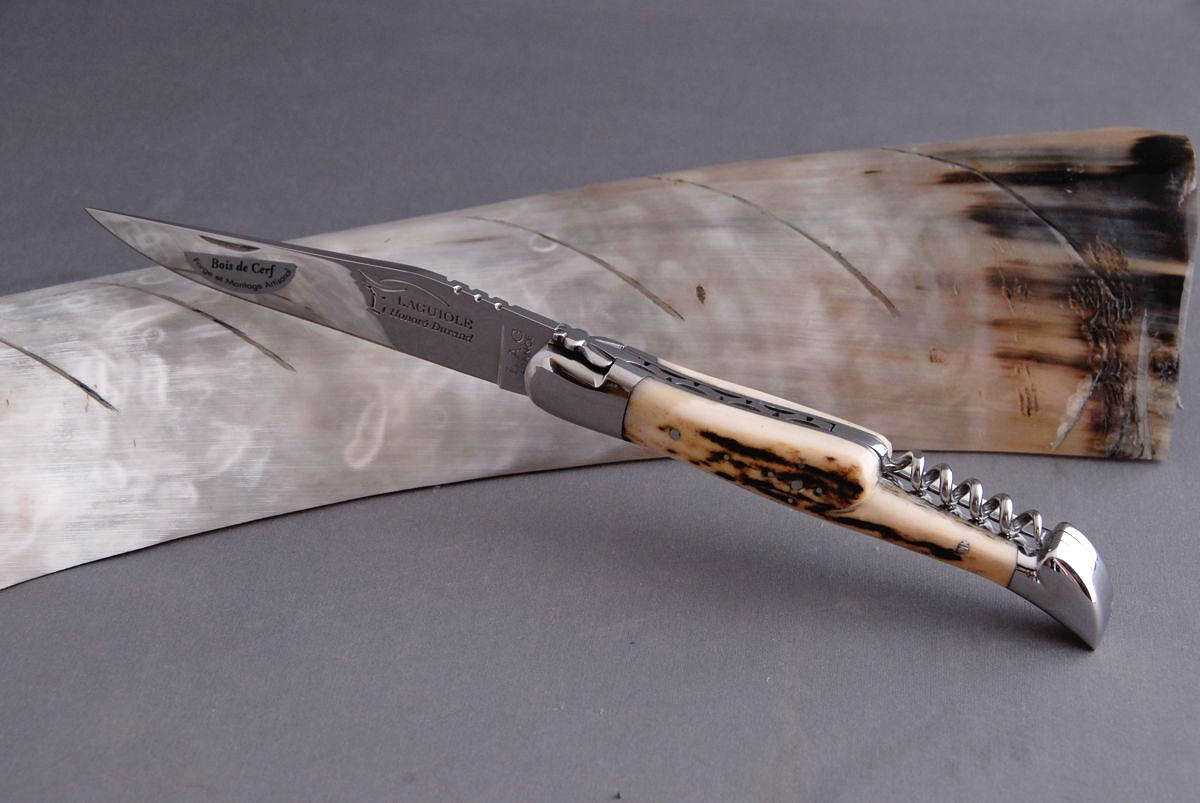 Original laguiole - Taschenmesser Laguiole Honore Durand, Edition ARCHEOP 09, guillochierte Biene, brillant , Hirsch-Horn, Korkenzieher