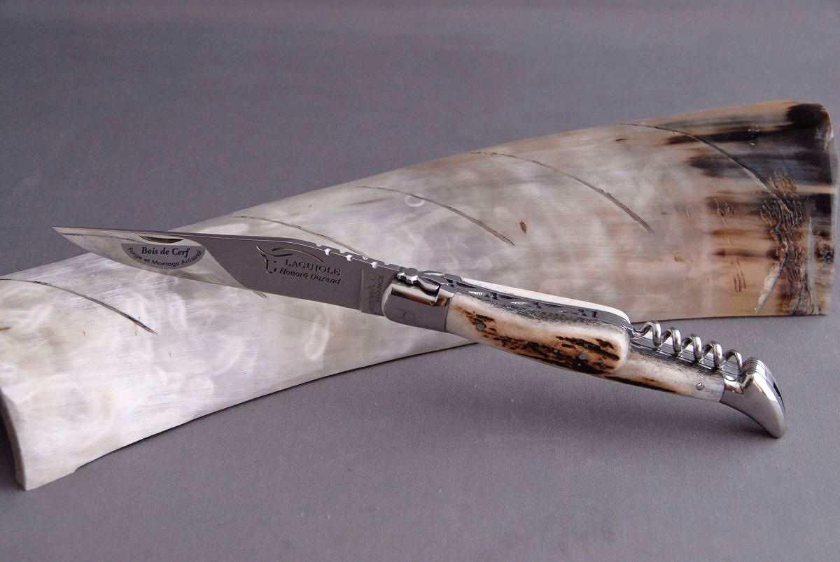 Original laguiole - Taschenmesser Laguiole Honore Durand, Edition ARCHEOP 10, guillochierte Biene, brillant , Hirsch-Horn, Korkenzieher + Dorn