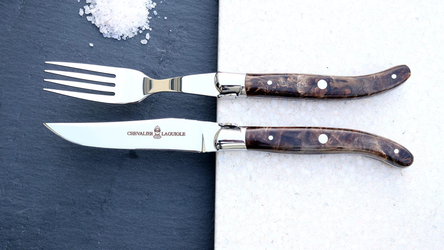 Steakmesserset Laguiole Chevalier, grey Seraphin, stabilisierter Pappelholz, brillant, Messer+Gabel