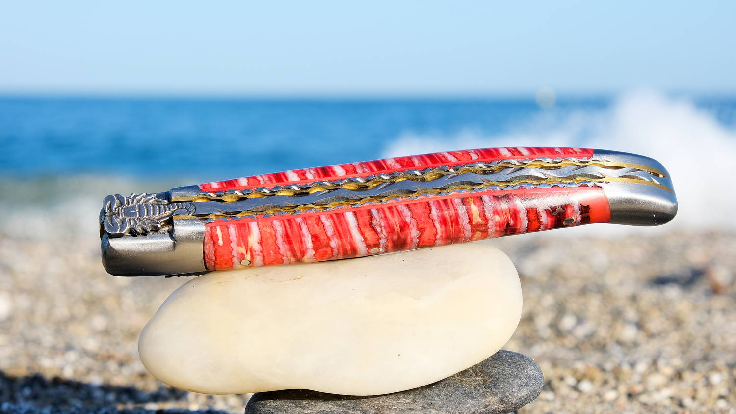 Original laguiole - Taschenmesser Laguiole du Barry, Edition SCORPION RED, Double Platines, brilllant, Mammutbackenzahn