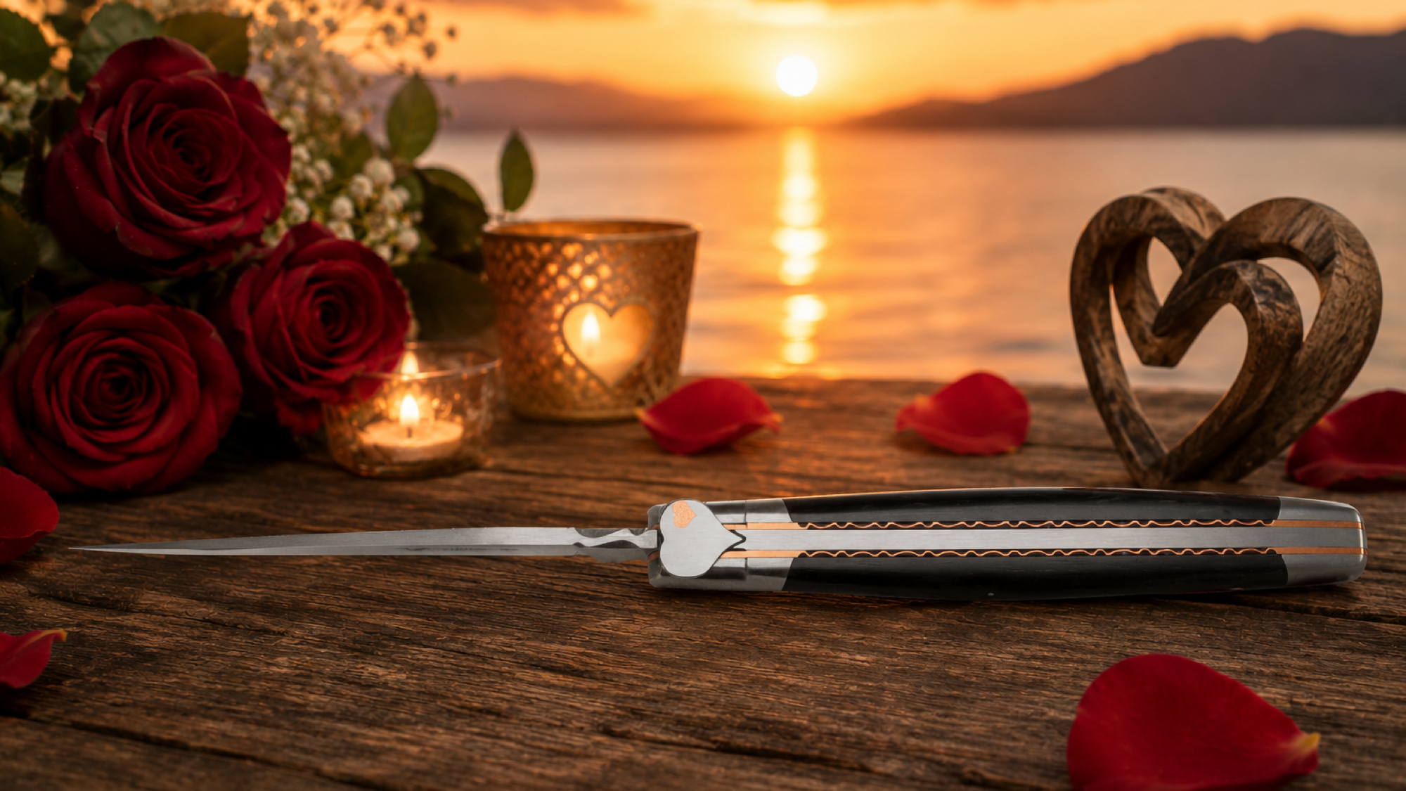 Taschenmesser Laguiole en Aubrac, Edition Amour 02, Ebenholz, Guillochierte Biene, brosse, Kupfer Taschenmesser - Handmade in France