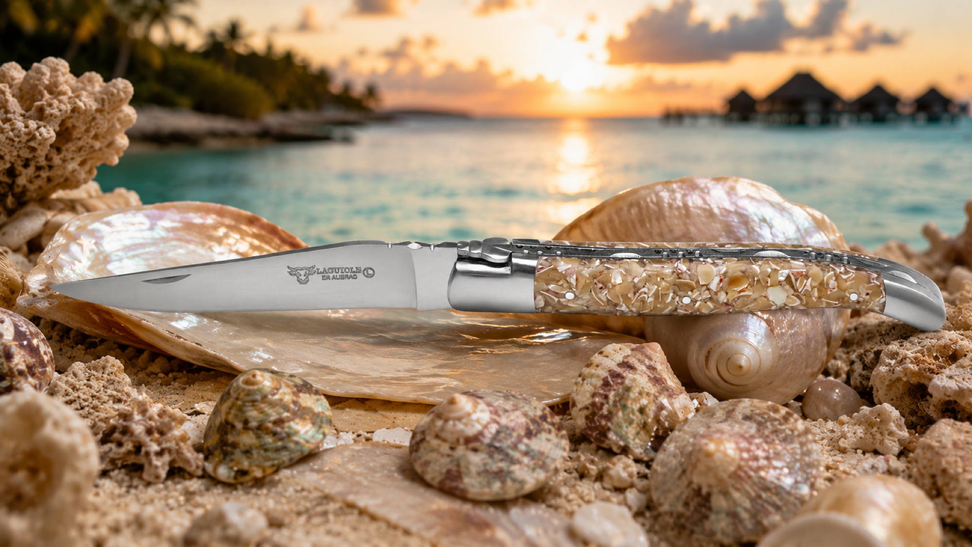 Taschenmesser Laguiole en Aubrac, Edition ORGANIC 06, TROCHUS Schnecke, guillochierte Biene, brosse