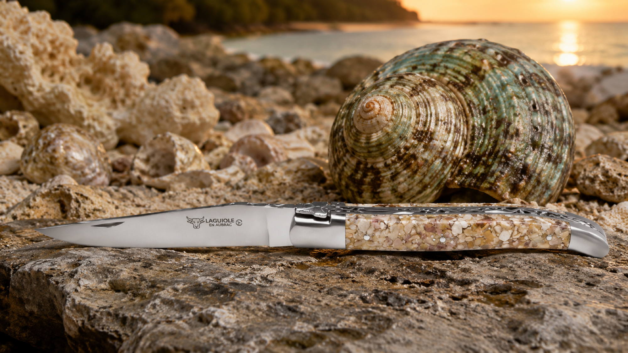 Taschenmesser Laguiole en Aubrac, Edition ORGANIC 05, TURBO Schnecke, guillochierte Biene, brosse