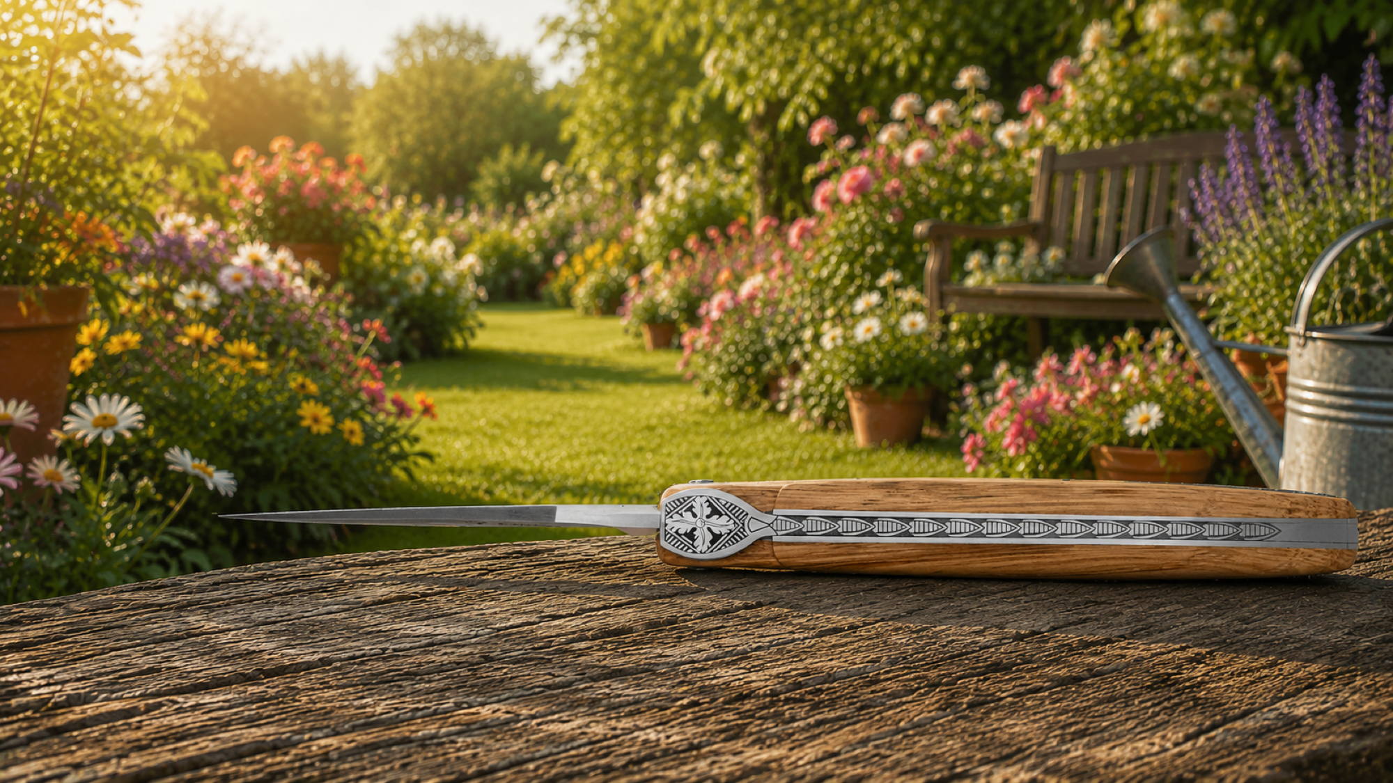 Taschenmesser Laguiole en Aubrac, Edition SECRET GARDEN OAK LEAF, Eiche, guillochierte Biene, brosse