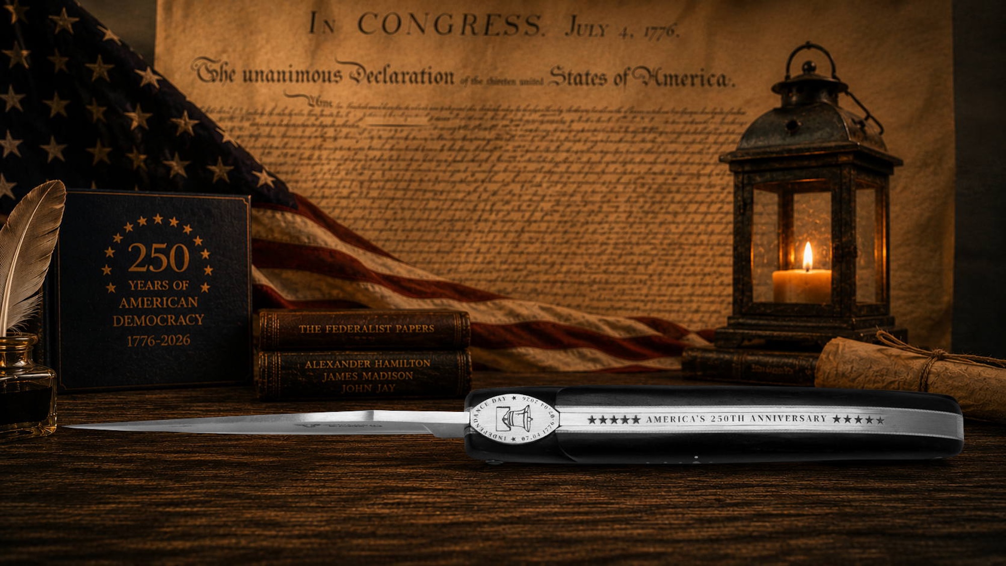 Taschenmesser Laguiole en Aubrac, Edition USA 250 Jubiläum, Freiheitsglocke, Ebenholz, guillochierte Biene, brosse