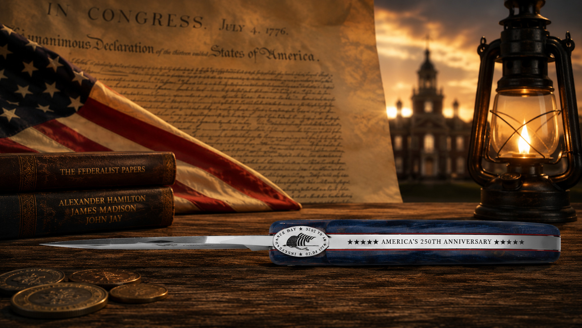 Taschenmesser Laguiole en Aubrac, Edition USA 250 Jubiläum, US-Flagge, Birke, guillochierte Biene, brosse