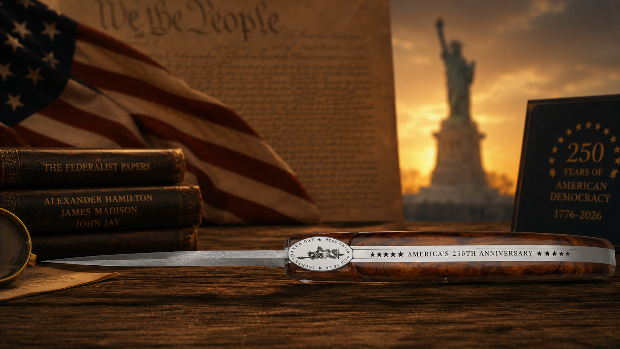 Taschenmesser Laguiole en Aubrac, Edition USA 250 Jubiläum, US-Flagge, Wüsteneisenholz, Damast, guillochierte Biene, brosse