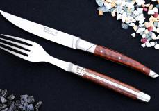 GOYON-CHAZEAU, 2-teilig, Thiers-Steakmesser und Gabel, Edition ART DE LUXE, Amourette, brosse - Teakholz Taschenmesser - Handmade in France