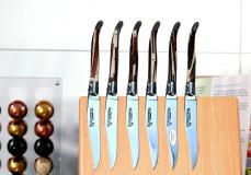 Laguiole en Aubrac 6-teilig, Steakmesser Set, Edition HYBRID, brillant, Wüsteneisenholz - Rot-Esche Taschenmesser - Handmade in France