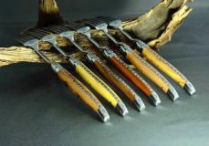 Laguiole en Aubrac 6-teilig, Gabel Set brillant, Bois de France, divers - Rot-Esche Taschenmesser - Handmade in France