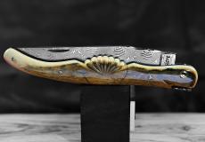 Laguiole Taschenmesser Edition SKULPTUR, Philippe Voissiere, Damast, St. Jacques-Muschel, Mammutstoßzahn, brosse - Muschelschalen Taschenmesser - Handmade in France