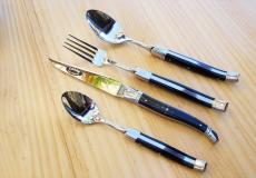 Laguiole Le Fidele 4-teilig, Besteckset, Horn schwarz, brillant, Steakmesser, Gabel, Köffel, Dessertlöffel