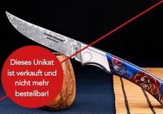 UNIKAT: Jagdmesser Claude Dozorme, Edition MORLOS 11, Kunstharz/Tannenzapfen, Damast, brillant Taschenmesser - Handmade in France