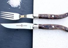 Steakmesserset Laguiole Chevalier, grey Seraphin, stabilisierter Pappelholz, brillant, Messer+Gabel - Pappelholz Laguiole Messer - Helles, leichtes Edelholz mit lebendiger Maserung Taschenmesser - Handmade in France