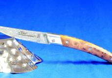 Taschenmesser Thiers Claude Dozorme, Damast, Thuja, guillochiertes Ressort  - Thuya-Wurzelholz Taschenmesser - Handmade in France