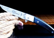 UNIKAT: Taschenmesser Thiers Claude Dozorme, Edition SMALL JANNY 03, FlipDrop-System, 11 cm, Damastklinge, Ebenholz - Kategorie: Thiers-Messer, FlipDrop-System Taschenmesser - Handmade in France
