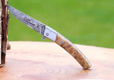 UNIKAT: Taschenmesser Thiers Claude Dozorme, Edition SMALL JANNY 04, FlipDrop-System, Birke, brosse, Damast, 11 cm - Kategorie: Thiers-Messer, FlipDrop-System Taschenmesser - Handmade in France