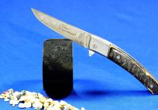 Taschenmesser Thiers Claude Dozorme, Edition SMALL JANNY 07, FlipDrop-System, Widder-Kruste, brosse, Damast, 11 cm - Widderhorn Taschenmesser - Handmade in France