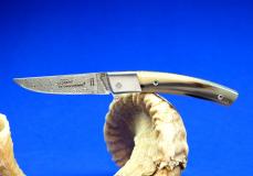 UNIKAT: Taschenmesser Thiers Claude Dozorme, Edition SMALL JANNY 06, FlipDrop-System, Horn, brosse, Damast, 11 cm - Kategorie: Thiers-Messer, FlipDrop-System Taschenmesser - Handmade in France