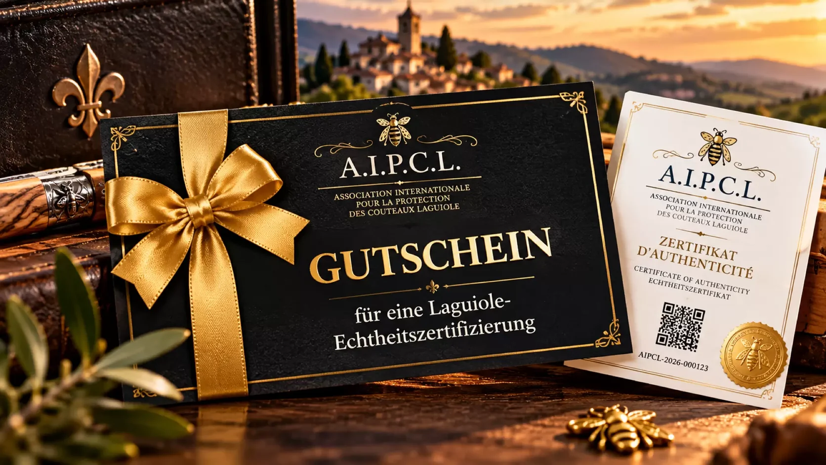 A.I.P.C.L.-Gutschein für eine Laguiole-Echtheitszertifizierung, daneben ein Echtheitszertifikat mit QR-Code