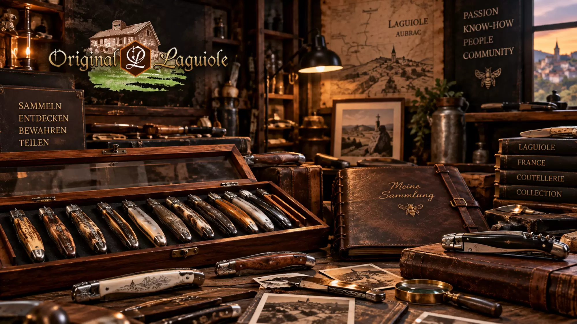 Vitrine mit einer Reihe Laguiole-Messer, daneben ein Lederalbum mit der Aufschrift Meine Sammlung, alte Fotografien und eine Lupe