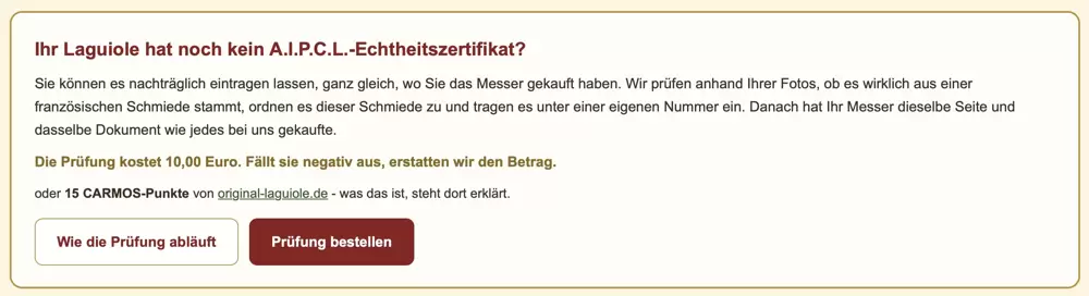 15 CARMOS: Zertifizierung der nicht bei OL gekauften Laguiole-Taschenmesser