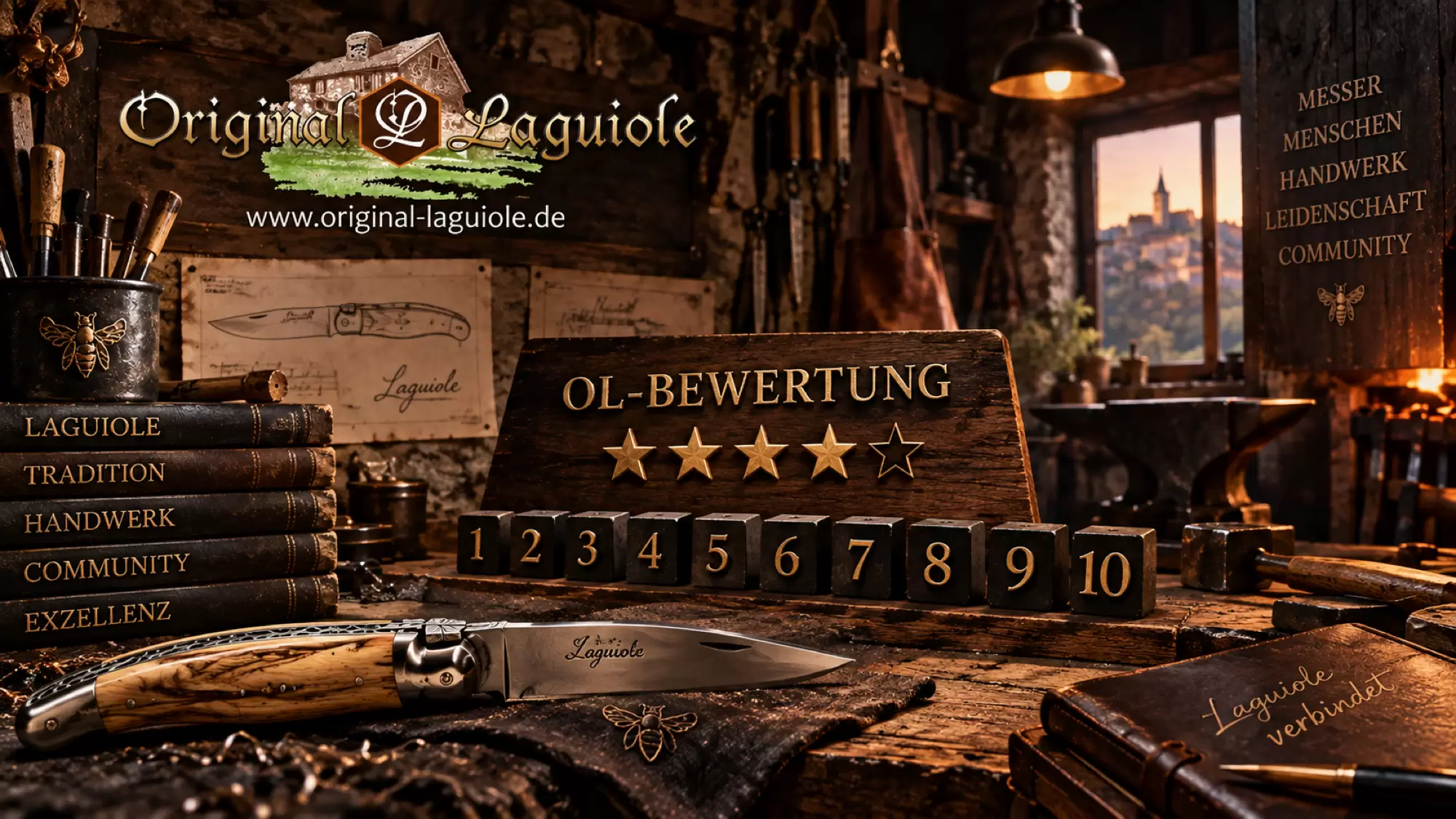 Holzschild mit der Aufschrift OL-Bewertung und Sternen, davor Würfel mit den Zahlen 1 bis 10 und ein Laguiole-Messer in einer Werkstatt