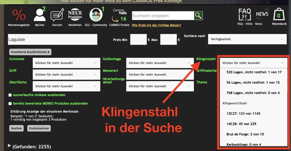 Stahlarten in der Suche